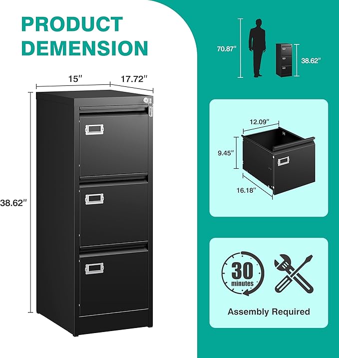 SISESOL 3 Drawer File Cabinet - Image 3
