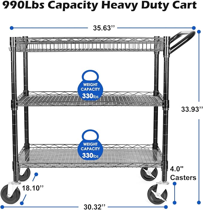 WDT 990Lbs Capacity Heavy Duty Rolling Utility Cart, NSF Rolling Carts - Image 4