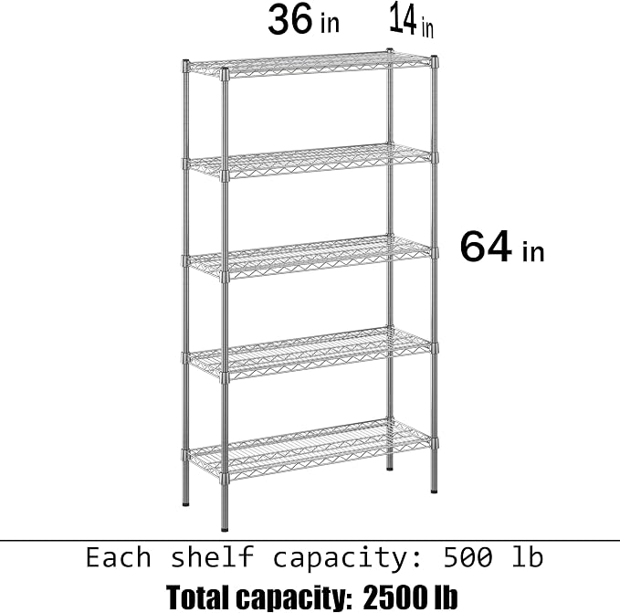 14" Deep x 36" Wide x 64" Height Wire Shelving Kit | 5-Tier | NSF Commercial - Image 3