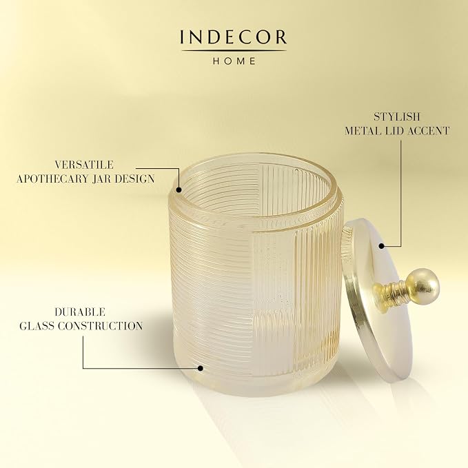 Tan Colored Tranlucent Apothecary Ribbed Geometric Etched Glass Jar W/Gold - Image 4