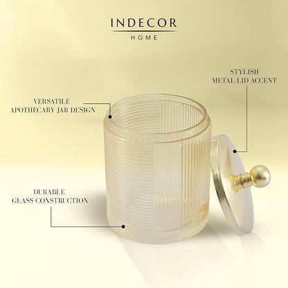 Tan Colored Tranlucent Apothecary Ribbed Geometric Etched Glass Jar W/Gold - Image 4