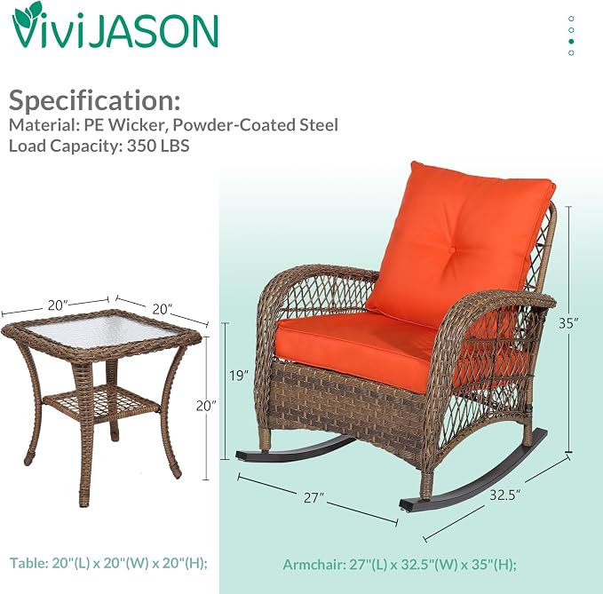 VIVIJASON 3-Piece Outdoor Conversation Bistro Set, Patio Wicker Rocking Chairs - Image 6