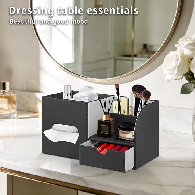YAPISHI Tissue Box Cover with Storage Tray and Drawer, PU Leather Square Tissue - Image 6