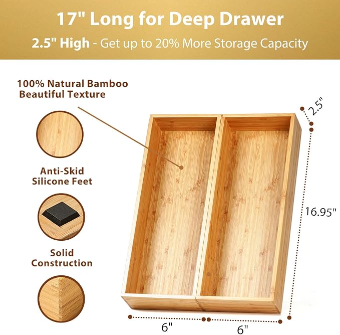 Umilife Bamboo Kitchen Utensils Organizer, Extra Long High Silverware Drawer - Image 2