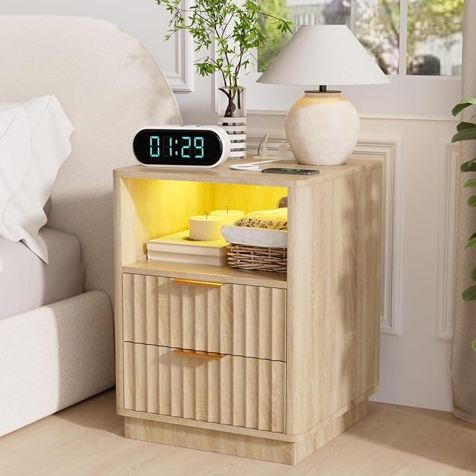 VOWNER Fluted Nightstand with Charging Station, 18” RGB Night Stand with 2 - Image 7