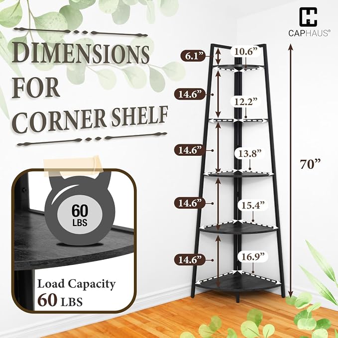 CAPHAUS 5-Tier Corner Shelf Stand, Tall Display Shelves, Ladder Corner Wood - Image 2