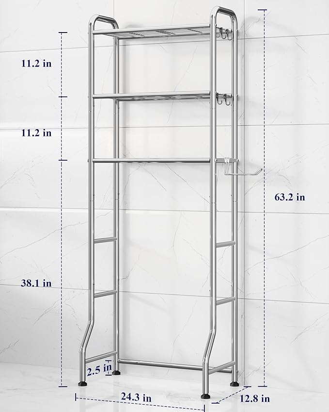 Kitsure Over Toilet Storage Rack, 63.2" H Space-Saving, Holder & Hooks | - Image 2