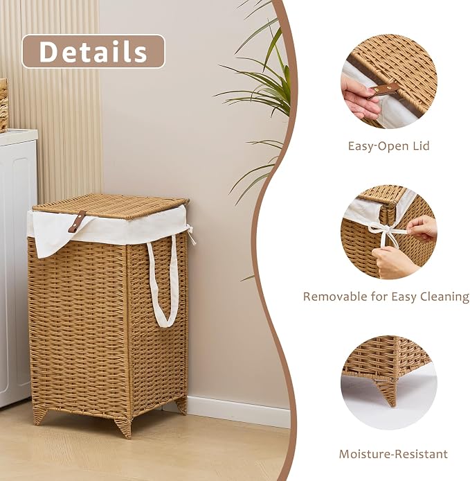 Laundry Hamper with Lid and Removable Liner Bag, Handwoven Rattan Clothes - Image 7