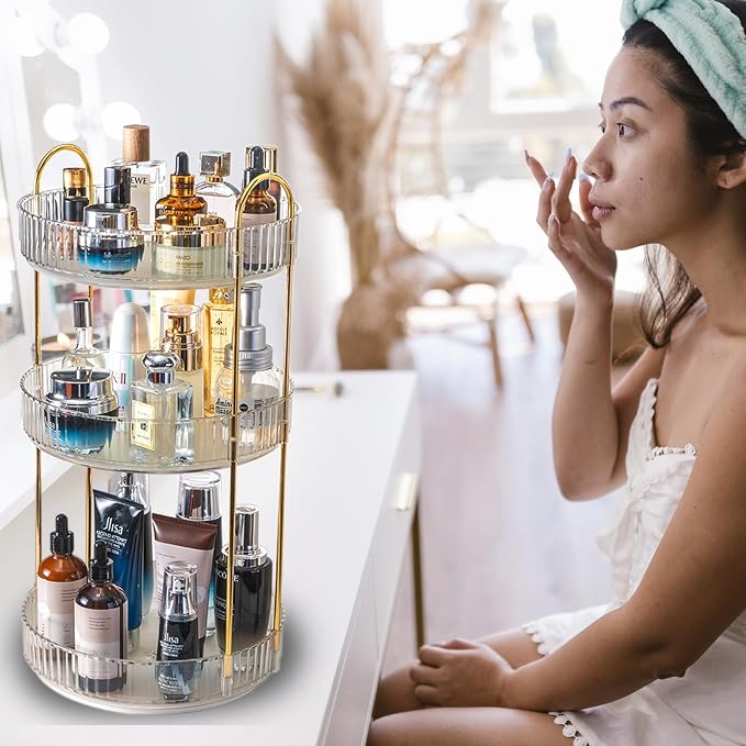 Rotating Makeup Organizer Countertop 3 Tier Lazy Susan Trays Clear Skincare - Image 7