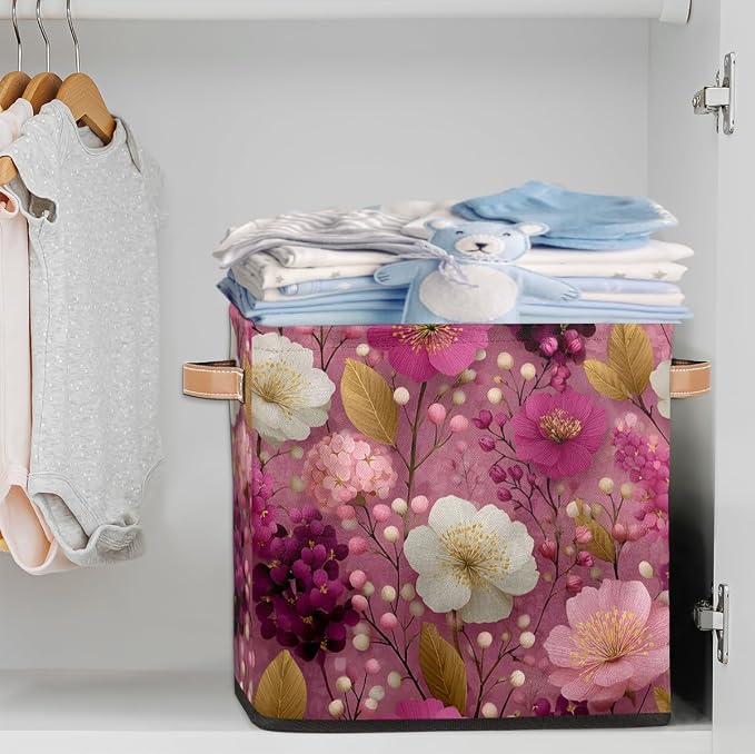 TropicalLife 13x13x13 Inch Large Fabric Storage Cube Pink Floral Print Foldable - Image 2