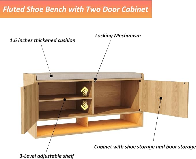 HOMEFORT 39.4" Fluted Shoe Storage Bench, Entryway Bench - Image 7