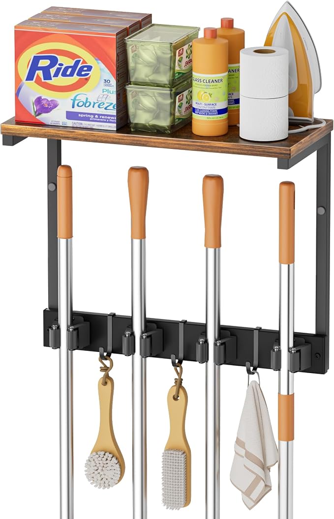 Broom Holder Wall Mount with Cleaning Supplies Organizer, Laundry Room by Olakee