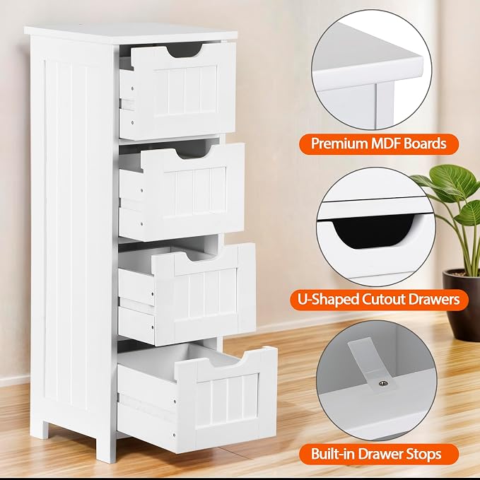 Bathroom Floor Storage Cabinet, Freestanding Wooden Side Organizer w/4 Drawers - Image 4