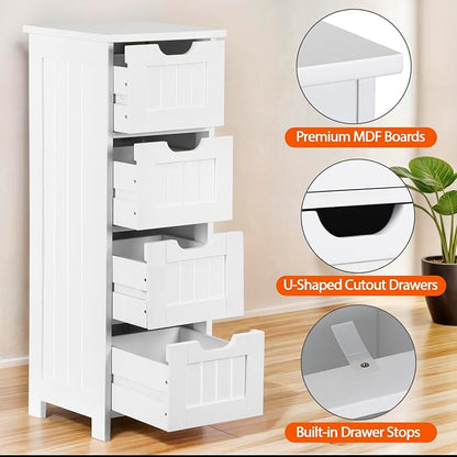 Bathroom Floor Storage Cabinet, Freestanding Wooden Side Organizer w/4 Drawers - Image 4