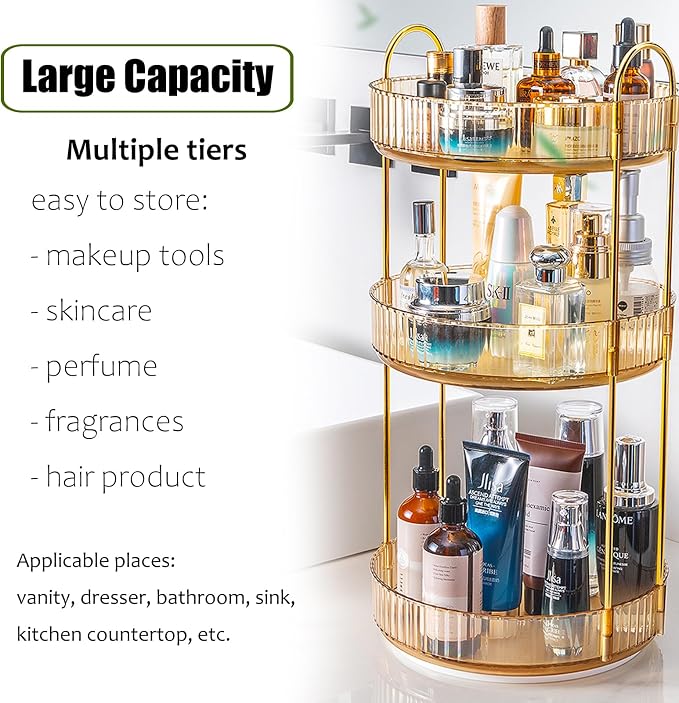 Rotating Makeup Organizer Countertop 3 Tier Lazy Susan Trays Clear Skincare - Image 3
