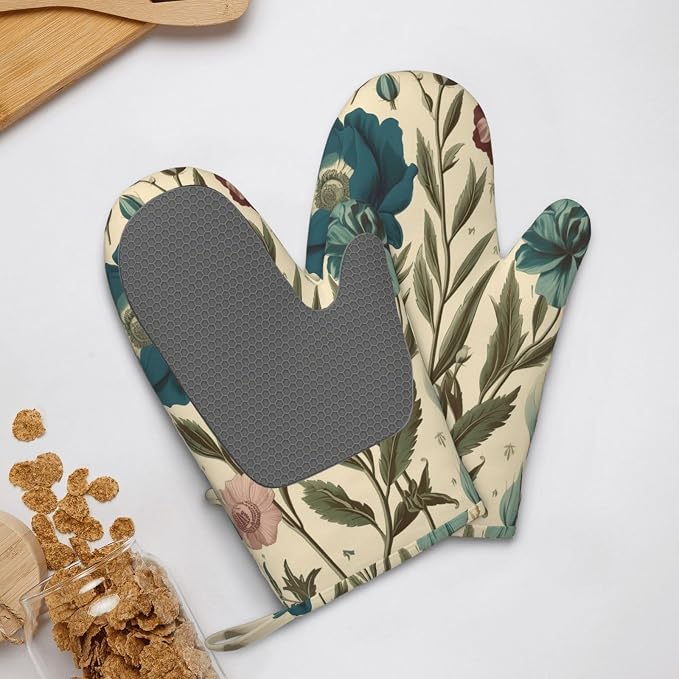 Floral Print Oven Mitts Set of 2, Heat Resistant Silicone Oven Mittens Gloves - Image 9