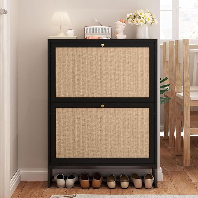 Rattan Shoe Cabinet with 2 Flip Drawers, Simple Setup Hidden Shoe Rack by HenstatechWarmFurniture