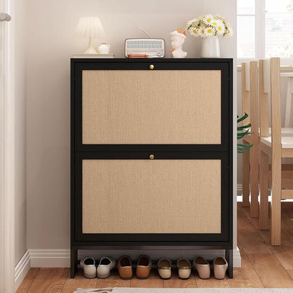 Rattan Shoe Cabinet with 2 Flip Drawers, Simple Setup Hidden Shoe Rack by HenstatechWarmFurniture