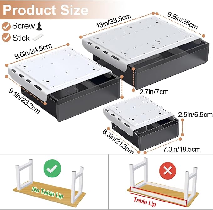 Under Desk Table Drawer Storage Organizer, 3 Pack Large & Medium & Small Slide - Image 2