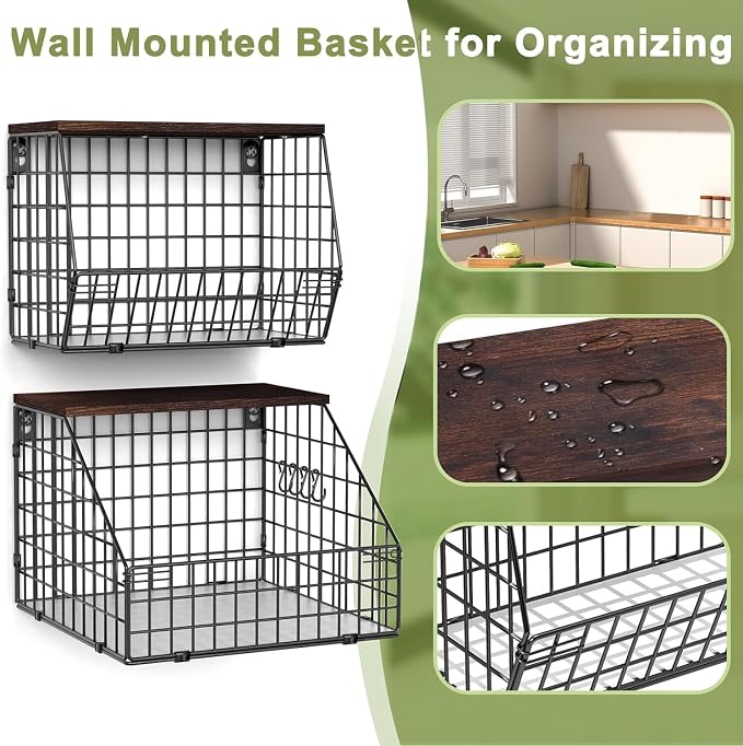Fruit and Vegetable storage, 2 Set Wall Mounted Wire Baskets, Fruit Basket - Image 2