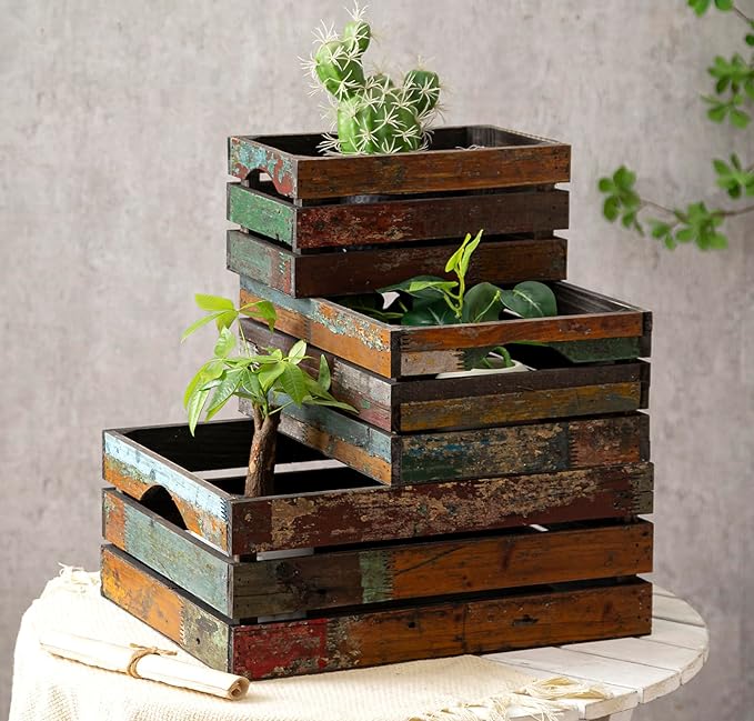 TIMRIS Set of 3 Rustic Distressed Wood Nesting Crates, Farmhouse Decorative by TIMRIS
