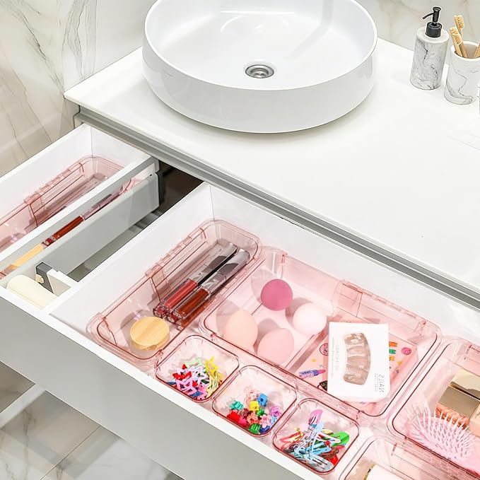 20 Pcs Adjustable Clear Drawer Organizer, Extendable Vanity Storage Bins - Image 5