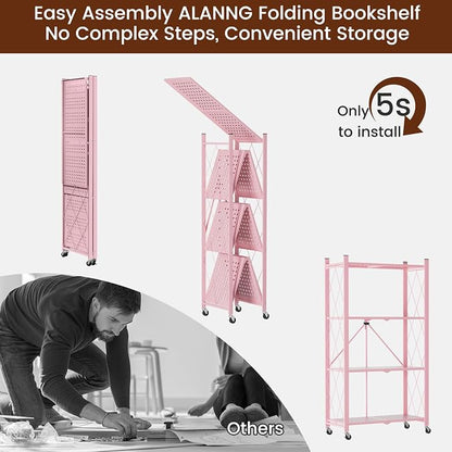 ALANNG 4 Tier Folding Storage Shelf on Wheels, Heavy Duty Metal Rolling Cart | - Image 4