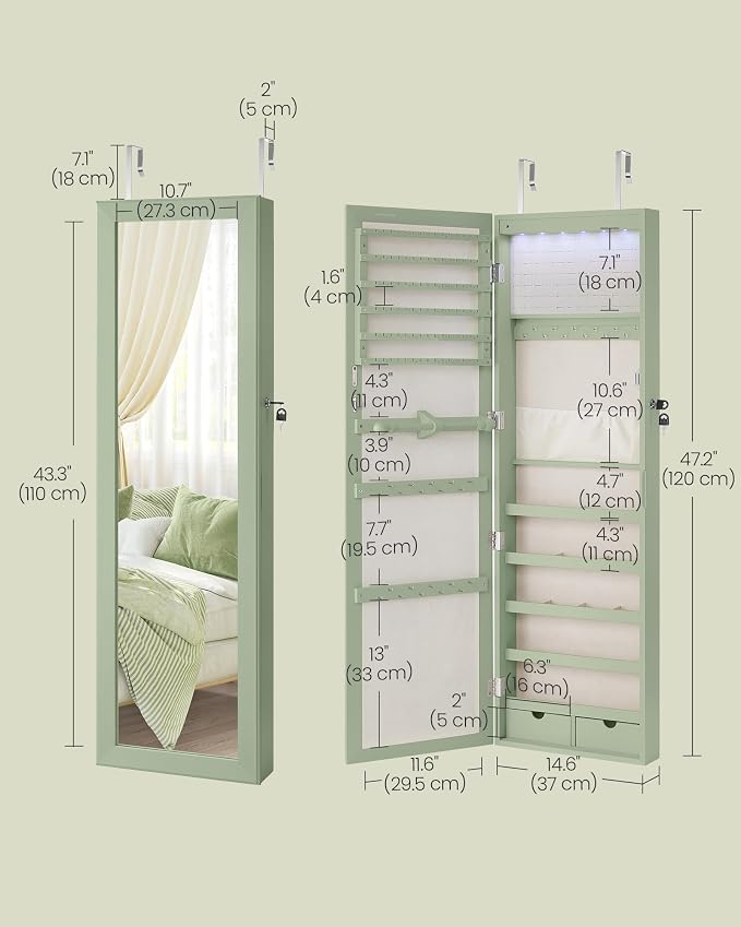 SONGMICS 6 LEDs Mirror Jewelry Cabinet, 47.2-Inch Tall Lockable Wall or Door - Image 5
