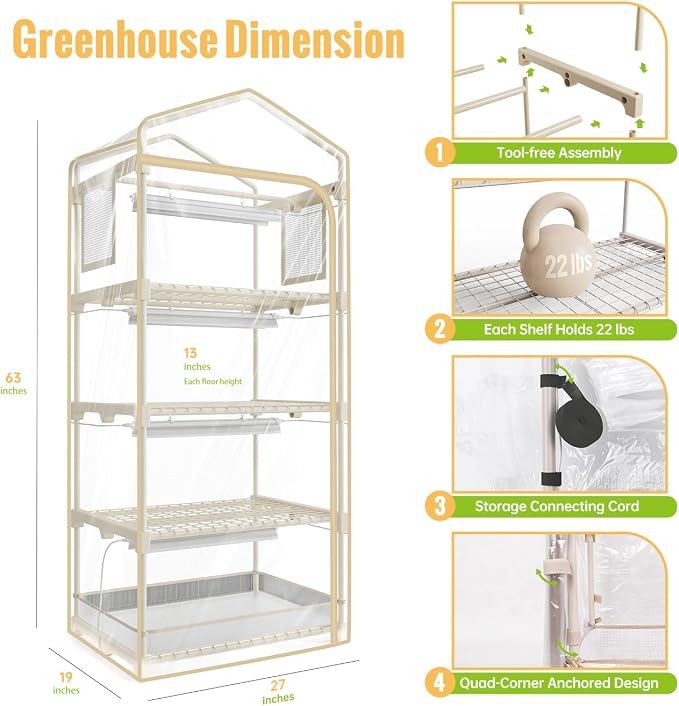 Mini Indoor Greenhouse with Grow Light, 4 Tiers Plant Shelf with 1.6FT 20W Full - Image 6