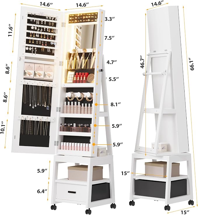 GarveeHome Full Length Mirror Jewelry Organizer, 66 in Lockable Jewelry Armoire - Image 7
