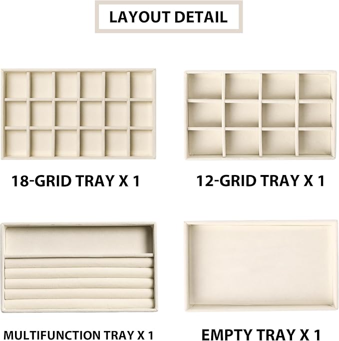 Frebeauty Jewelry Organizer Tray, Stackable Velvet Jewelry Trays, Drawer - Image 4