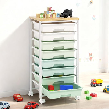 Rolling Cart with 8 Drawers, Storage Drawers Cart with Wooden Tabletop and - Image 8