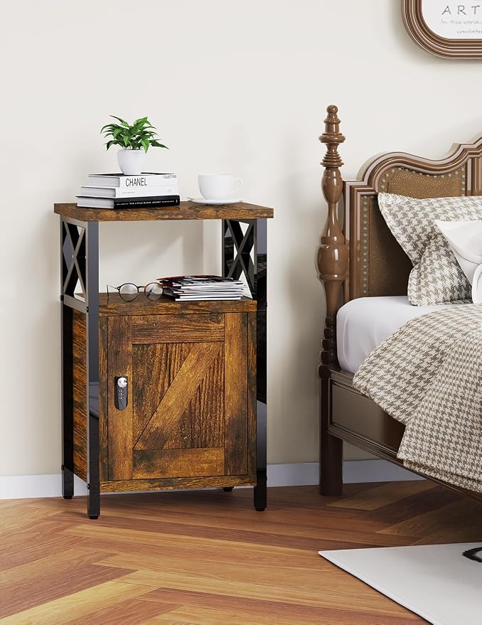 runjuly Wooden Nightstand with Lock Storage Cabinet, Rustic Brown | Locking - Image 2
