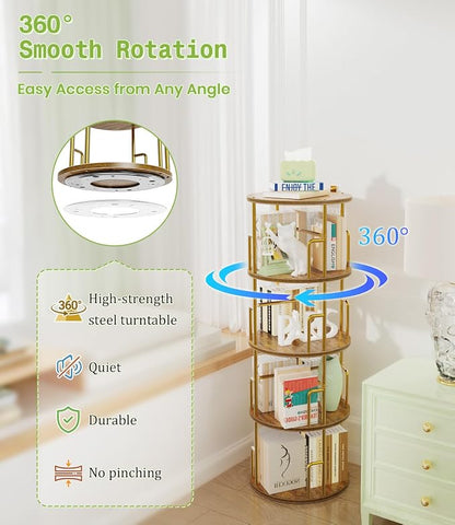 4 Tier Rotating Bookshelf Tower Round Gold, 50” Floor Standing Spinning - Image 3