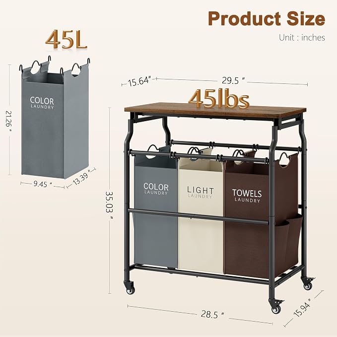 Hoctieon 3 Section Laundry Sorter Cart - Image 3