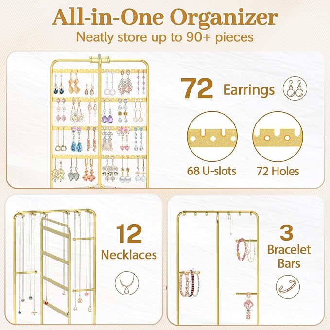 MODOWEY Earring Necklace Holder Organizer Wood Rotating Jewelry Tree, Spinning - Image 2