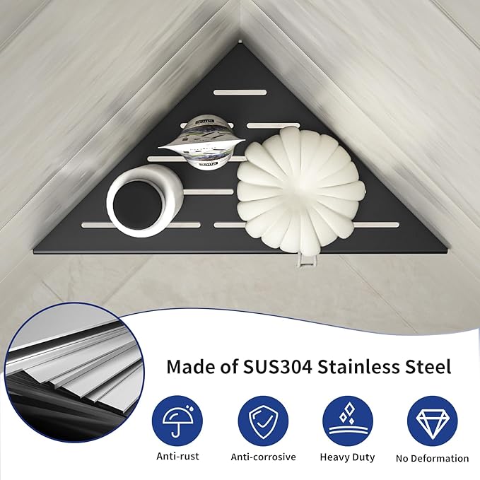 Corner Shower Shelf 10" Matte Black 304 Stainless Steel Slot Design Recessed - Image 3