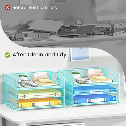 Subekyu 2-Pack 3-Tier Blue Metal Mesh Desk Paper Letter Tray & File Sorter - Image 2