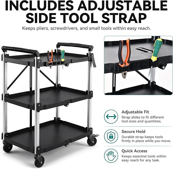 YITAHOME 3-Tier Large Folding Utility Cart w/Wheels, 300lbs | Foldable Service - Image 3
