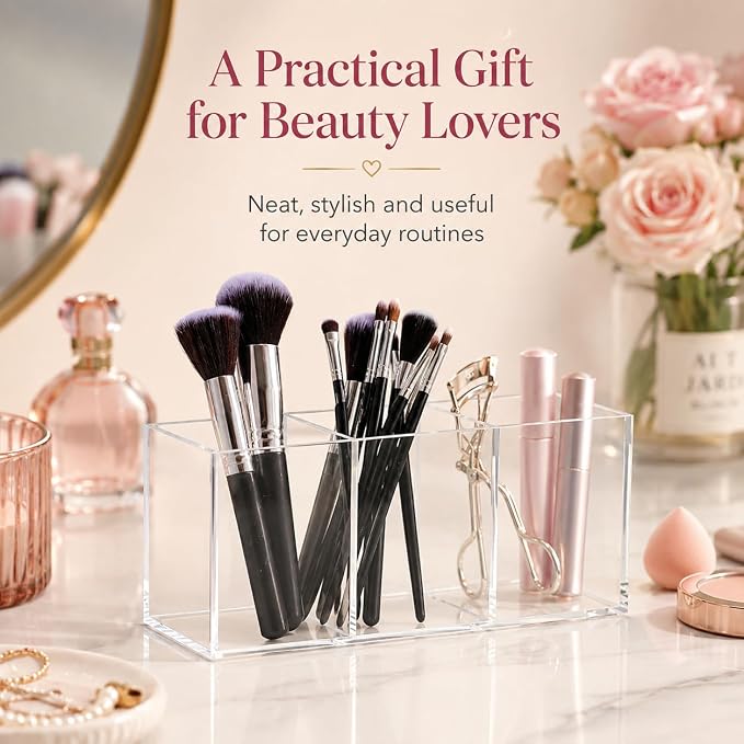 Tofficu Acrylic Makeup Brush Holder, 3 Compartment Clear Cosmetic Organizer - Image 8