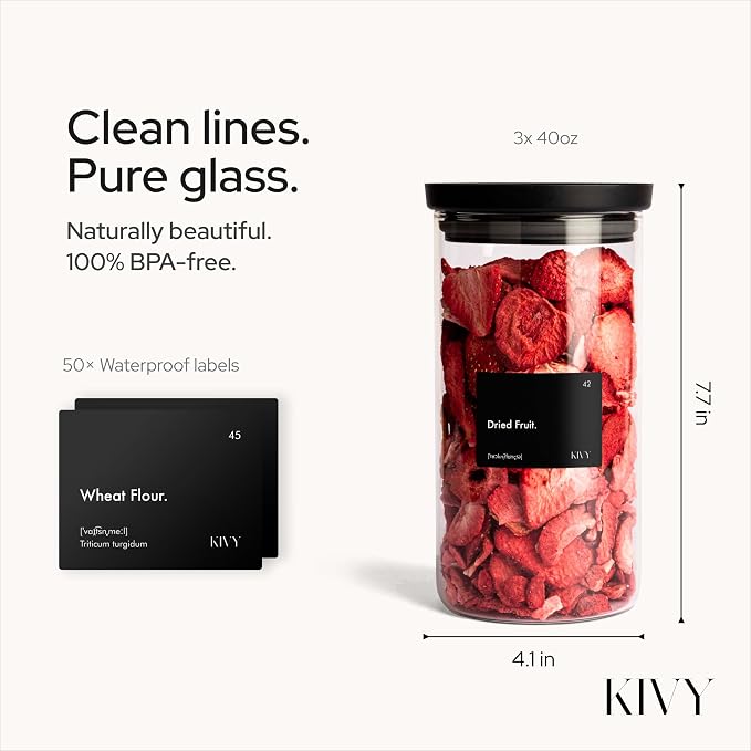KIVY Airtight Glass Jars with Lids & Labels Stackable Glass storage jars with - Image 2