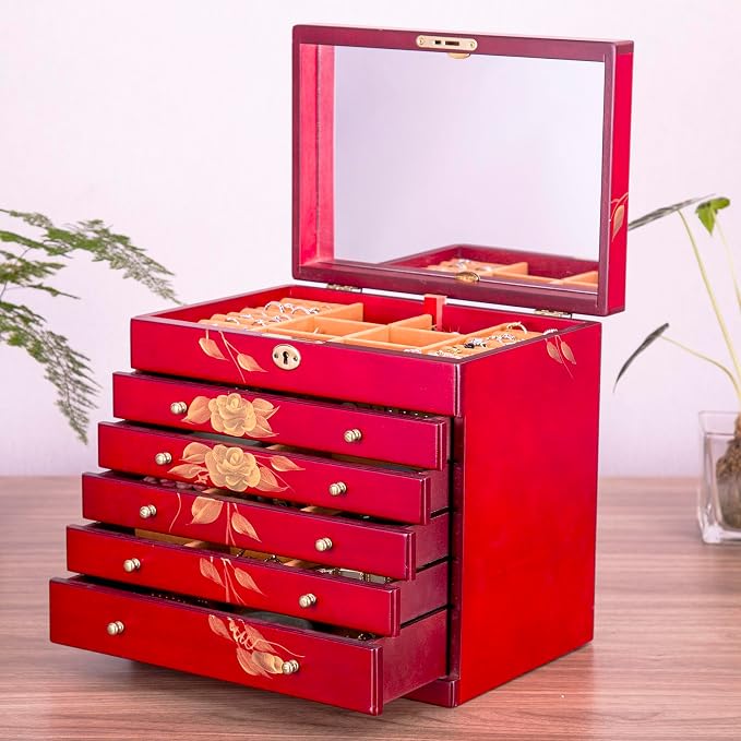 Hand-drawn rose wood jewelry box 6-Layer Jewelry Organizer - Image 2