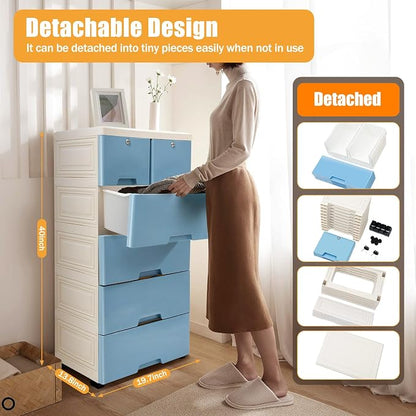 5-Layers Plastic Dresser with 6 Drawers Movable Chest of Drawers Locked Storage - Image 2