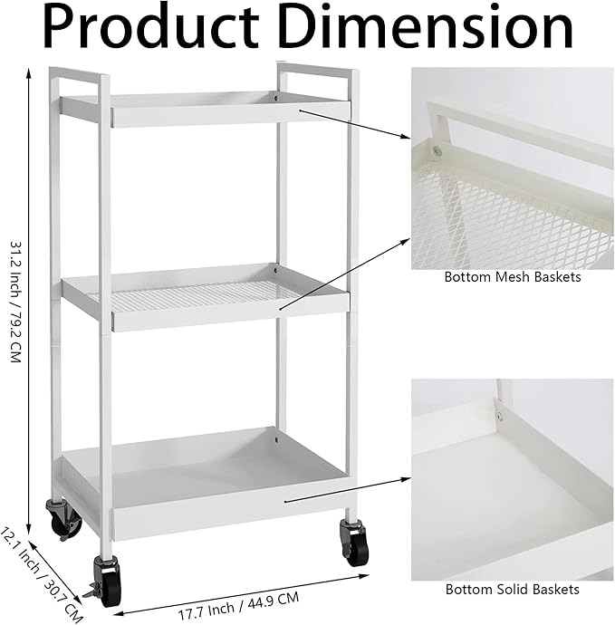 3-Tier Metal Utility Rolling Cart, Heavy Duty Multifunction Rectangular Cart - Image 3