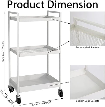 3-Tier Metal Utility Rolling Cart, Heavy Duty Multifunction Rectangular Cart - Image 3