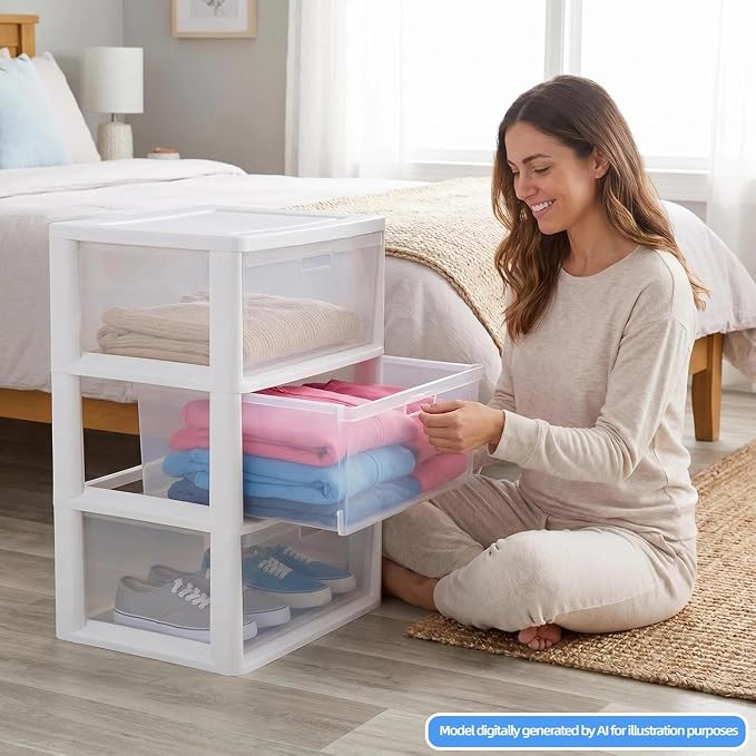 Wide 3 Drawer Tower, Plastic Storage Drawers - Image 2