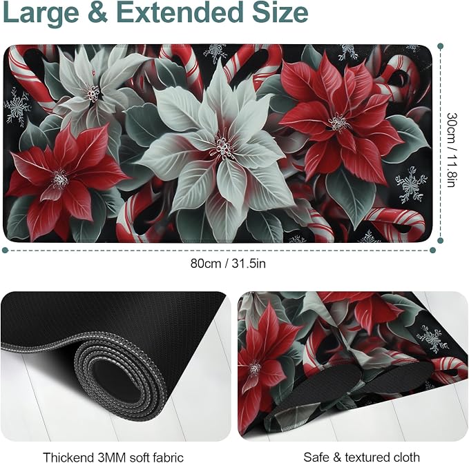 Christmas Flowers Gaming Mouse Pad 31.5"x11.8"Desk Mat Anti-Slip Rubber Base & - Image 2
