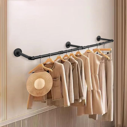 Industrial Iron Pipe Clothes Hanging Bar DIY Wall-Mounted Garment Rack Heavy - Image 2
