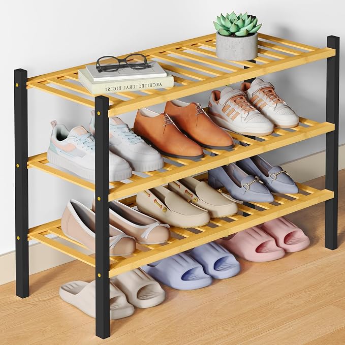 Smiry Bamboo Shoe Rack for Closet, 3 Tier Wooden Stackable Shoe Organizer by Smiry