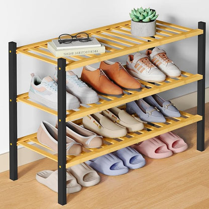 Smiry Bamboo Shoe Rack for Closet, 3 Tier Wooden Stackable Shoe Organizer by Smiry